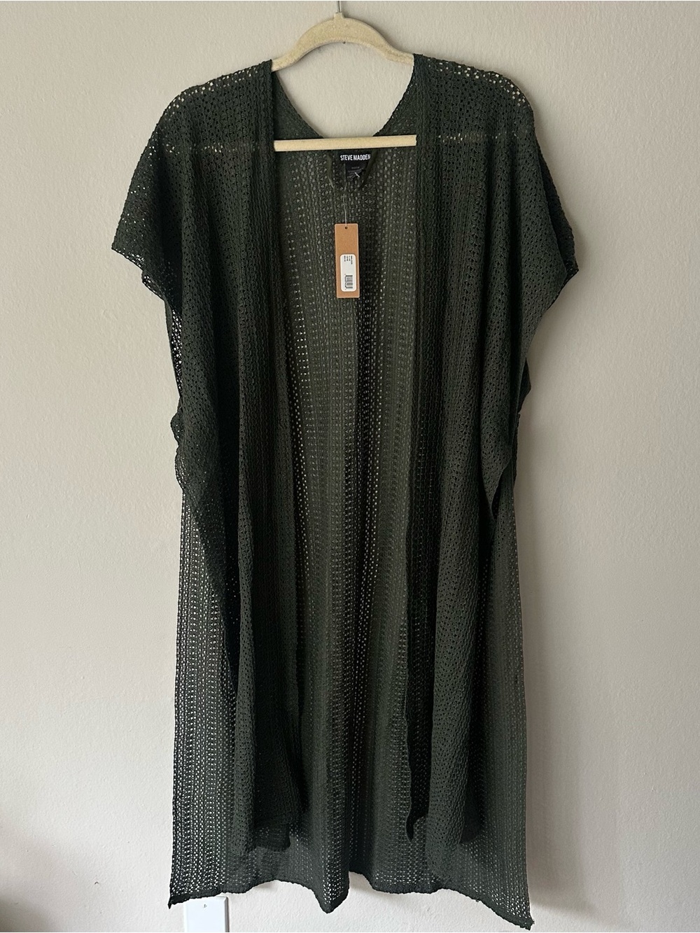 Steve Madden Open Knit Long Kimono Cardigan - Forest Green One size